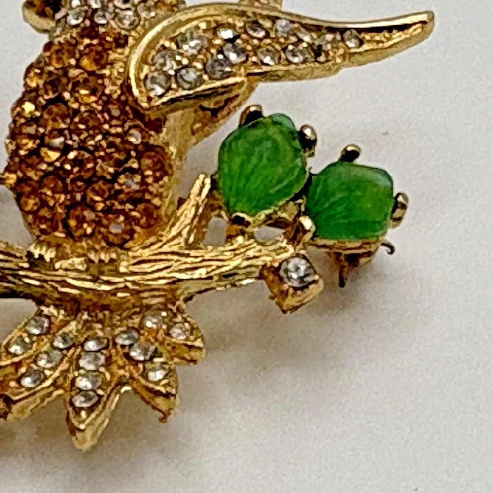 Vintage Hummingbird Brooch Rhinestone Lucite Yellow Green